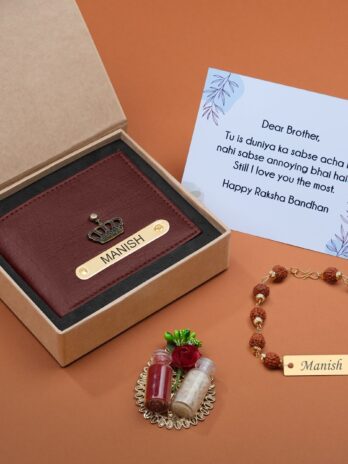 Personalized Premium Leather Wallet, Rudraksh Rakhi & Roli Chawal Gift Set